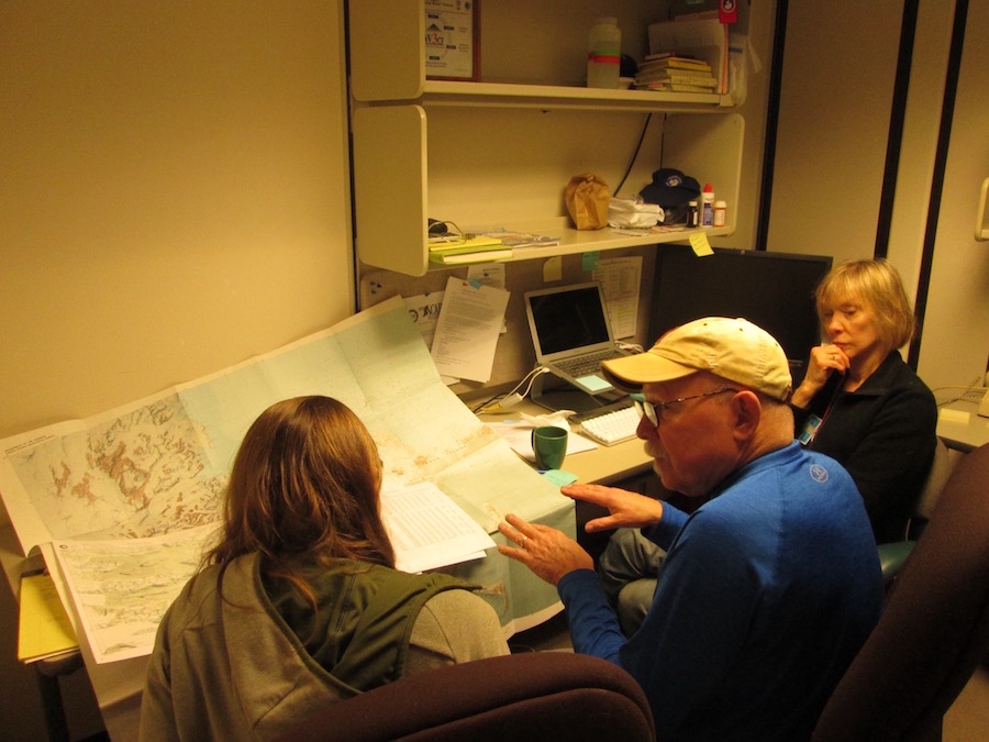 Colorado State Wormherders Dr. Diana Wall (right) and Ashley Shaw (left), and McMurdo LTER colleague Dr. Berry Lyons, Ohio State University (middle) discuss plans for sampling in Taylor Valley.